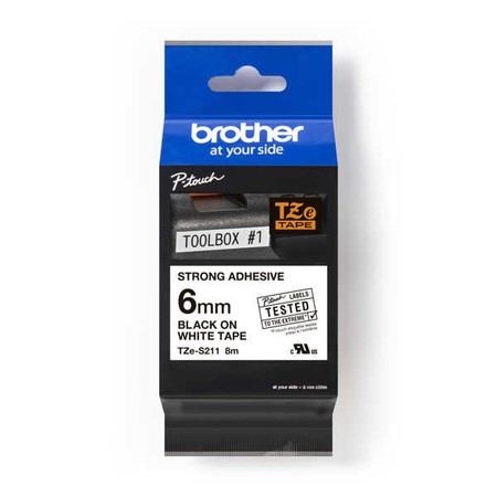 Páska Brother TZE-S211 biela/čierny tlač, 6 mm, silné lepidlo